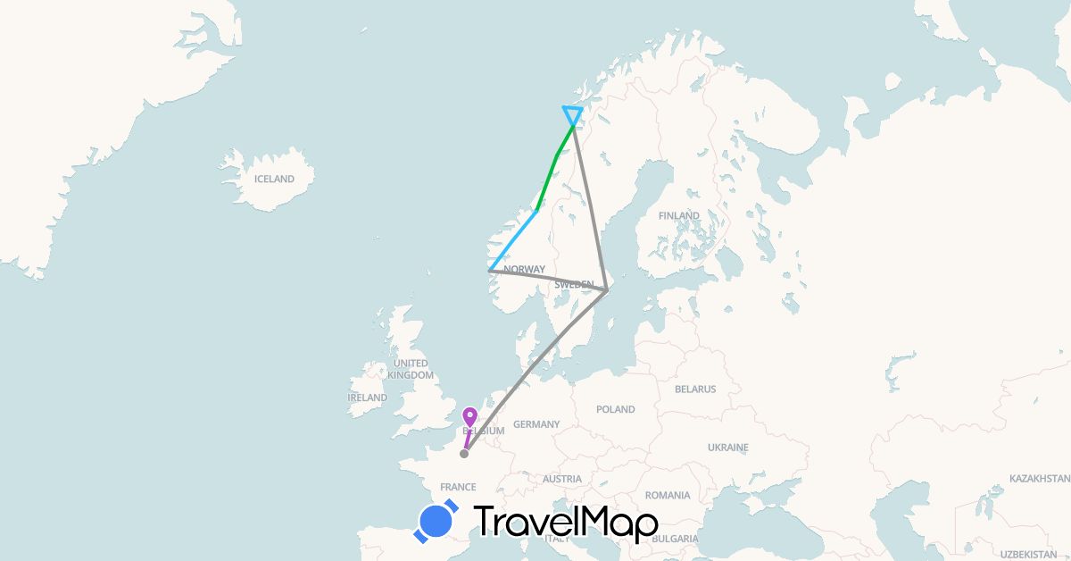 TravelMap itinerary: bus, plane, train, boat in France, Norway, Sweden (Europe)