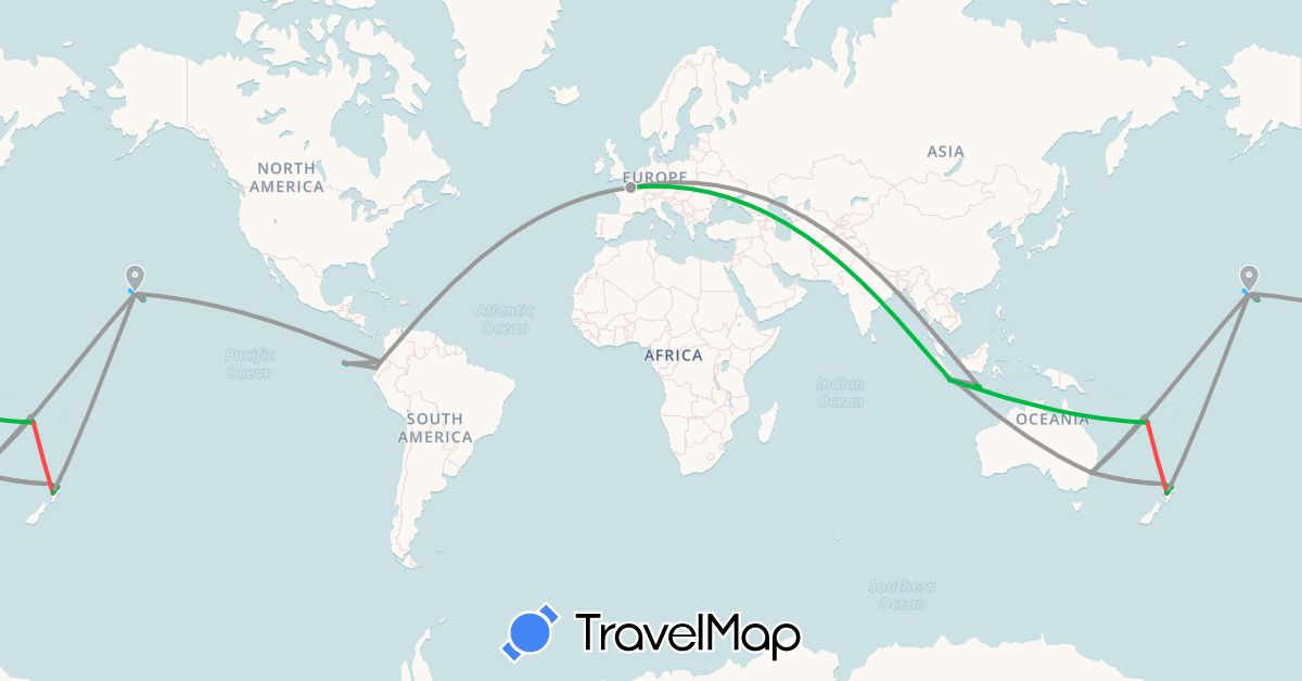 TravelMap itinerary: driving, bus, plane, hiking, boat in Australia, Ecuador, France, Indonesia, New Zealand, United States, Vanuatu (Asia, Europe, North America, Oceania, South America)